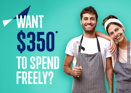 Smiling couple holding coffee cups with text reading “Want $350 to spend freely?”