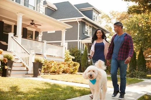 Couple walks white dog in front of suburban homes
